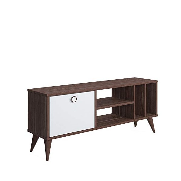 Dmora Meuble TV de salon avec porte et compartiments, 120 x 30 x 49 cm, couleur noyer avec détail blanc