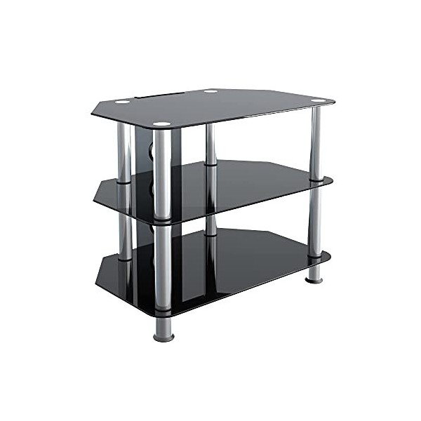 King Meuble TV en Verre Noir pour Ecran 12" - 32" Pouces LCD/LED/Plasma Pieds Argentes avec Gestion des Câbles 60cm
