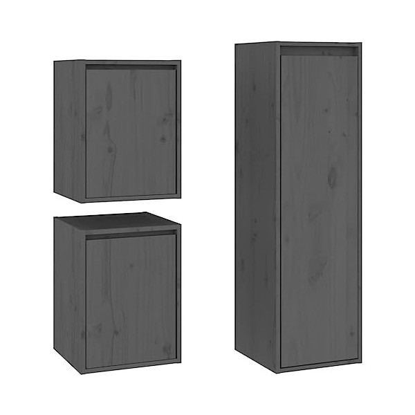 Meubles TV 3 pcs Gris Bois Massif de pin - Meuble TV, Armoire Basse Centre, Support Télé pour Salon Chambre,