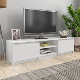 lvssiao Meuble de salon pour TV, Meuble TV Contreplaqué Blanc Brillant 140x40x35,5cm Module TV avec armoires