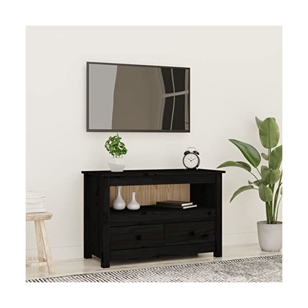 FAMIROSA Meuble TV Noir 79x35x52 cm Bois de pin Massif 10.5KG 