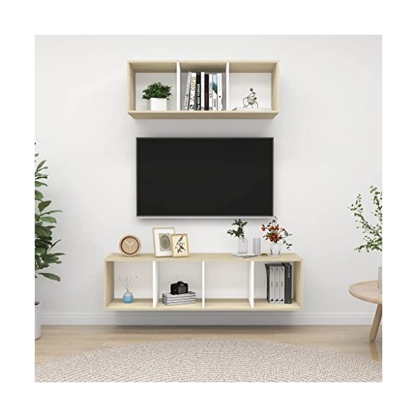 Ensemble de Meuble TV 2 pcs Blanc et chêne Sonoma Aggloméré - Meuble TV de Salon Banc Télé Industriel, Support Rangement Cons