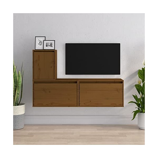 ZEYUAN Meubles TV 3 pcs Marron Miel Bois Massif de pin,Meuble TV,Meuble TV Moderne,Meuble de Salon