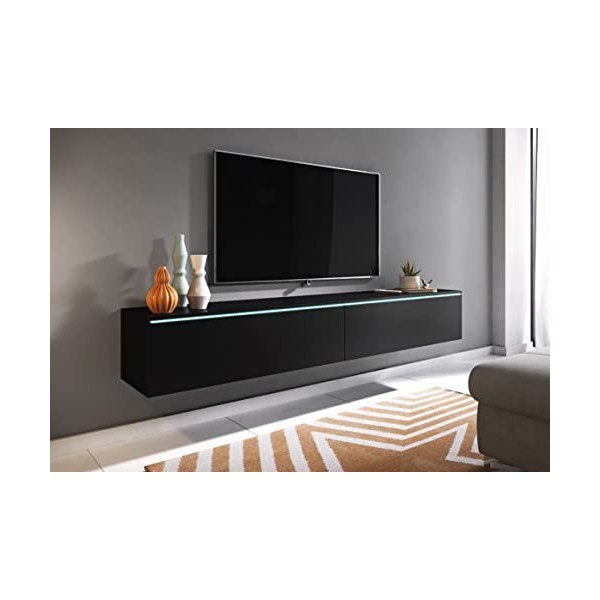 PIASKI Meuble TV Lowboard D 180 cm, Meuble TV Flottant, Noir mat, éclairage LED en option sans éclairage LED 