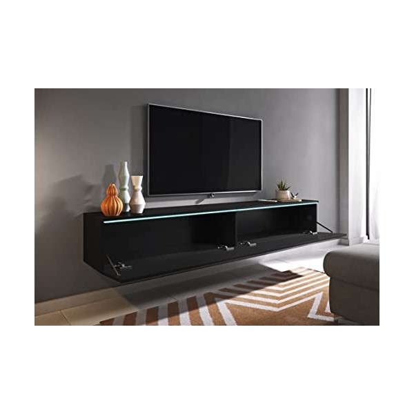 PIASKI Meuble TV Lowboard D 180 cm, Meuble TV Flottant, Noir mat, éclairage LED en option sans éclairage LED 