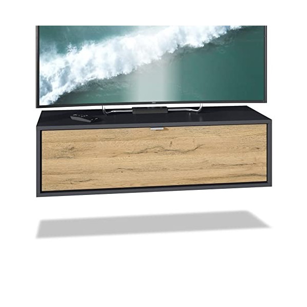 Vladon Meuble TV Lana 100 Armoire Murale lowboard 100 x 29 x 37 cm, Caisson en Noir Mat, façades en chêne Nature | Grand Choi