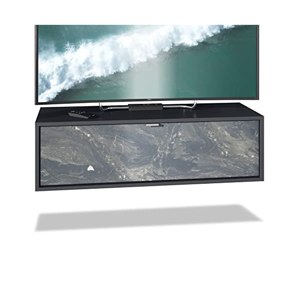 Vladon Meuble TV Lana 100 Armoire Murale lowboard 100 x 29 x 37 cm, Caisson en Noir Mat, façades en chêne Nature | Grand Choi