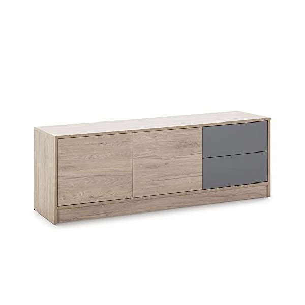 HOMN LIVING Meuble TV Panama 2 tiroirs, 2 Portes, Couleur Bois et Gris, 136 cm Largeur 40 cm Profondeur 51 cm Hauteur 