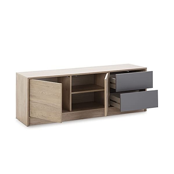 HOMN LIVING Meuble TV Panama 2 tiroirs, 2 Portes, Couleur Bois et Gris, 136 cm Largeur 40 cm Profondeur 51 cm Hauteur 