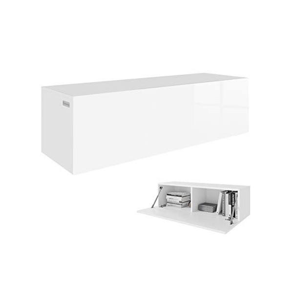 RODRIGO Meuble TV Lowboard suspendu avec finition brillante 105 cm de longueur corps blanc mat + façade blanc brillant 