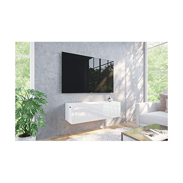 RODRIGO Meuble TV Lowboard suspendu avec finition brillante 105 cm de longueur corps blanc mat + façade blanc brillant 