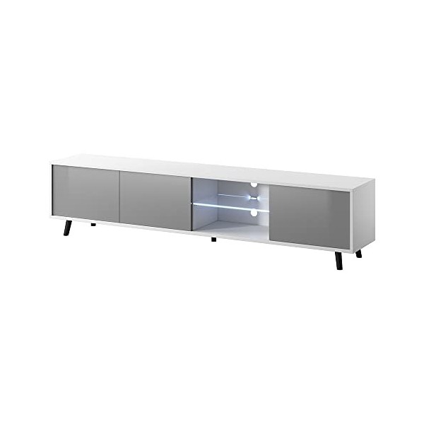 Selsey Galhad - Meuble TV/Banc TV Blanc Mat/Gris Brillant, 175 cm, éclairage LED 