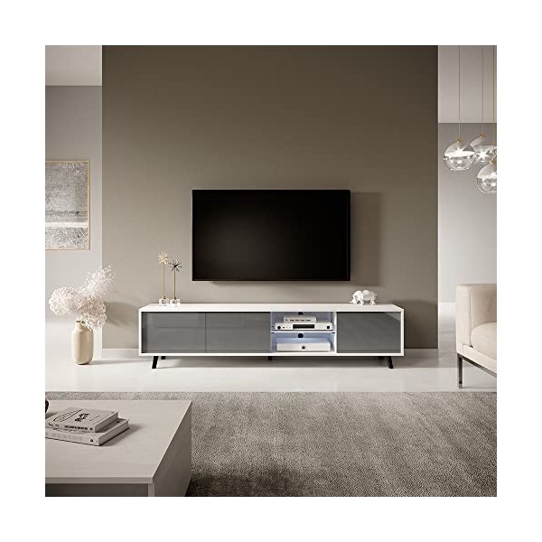 Selsey Galhad - Meuble TV/Banc TV Blanc Mat/Gris Brillant, 175 cm, éclairage LED 
