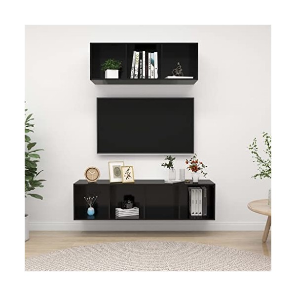 Ensemble de Meuble TV 2 pcs Noir Brillant Aggloméré - Meuble Chambre, Support Télé pour Salon Salle à Manger Chambre, Style I