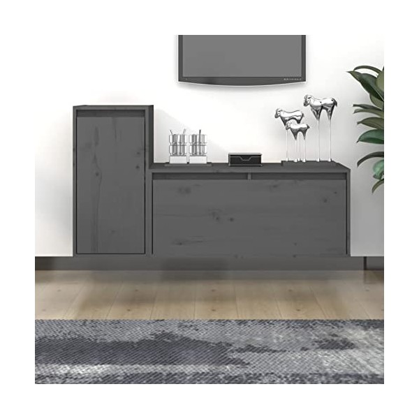 GuyAna Meubles TV 2 pcs Gris Bois Massif de pin,Meuble TV,Table Basse Salon Meuble TV,Table Basse LED Couleurs