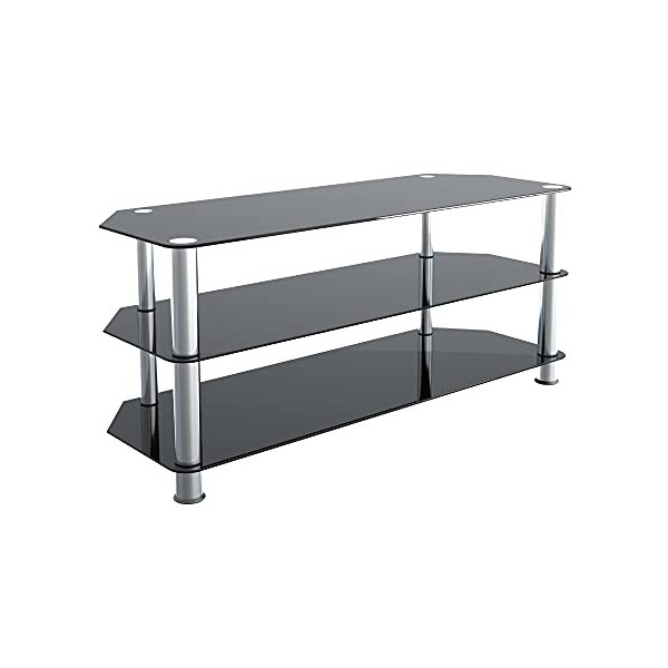 King Meuble TV en Verre noir pour Ecran 20" - 55" pouces LCD/LED/Plasma Pieds Argentes 114cm