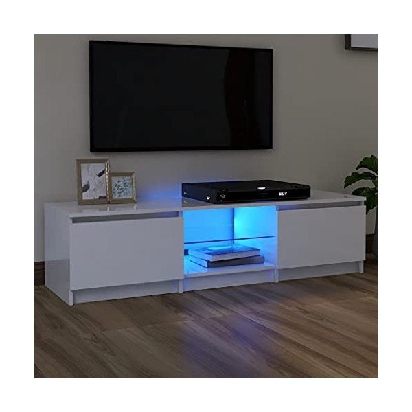 Hovothy Meuble TV avec Lumières LED RVB Blanc Brillant 140x40x35,5 cm Bois dingénierie Résistance à lhumidité Armoire Stéré