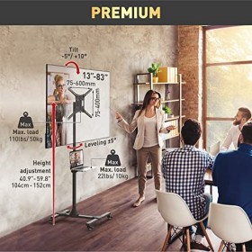 Barkan Pied TV à roulettes pour écrans 13-83 Pouces, Inclinable et Hauteur Réglable, Poids Max 50Kg, Roues verrouillables, Ch