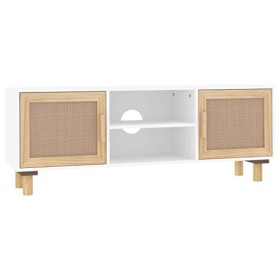 Keyur Meuble TV, Banc TV Buffet Bas Support de Télévision Meuble Télé Meuble TV Blanc 105x30x40cm Bois de pin Massif et rotin