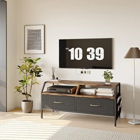 TREETALK Meuble TV, meuble TV avec 2 grandes boîtes de rangement en tissu et 5 poches latérales divisées, chambre à coucher, 