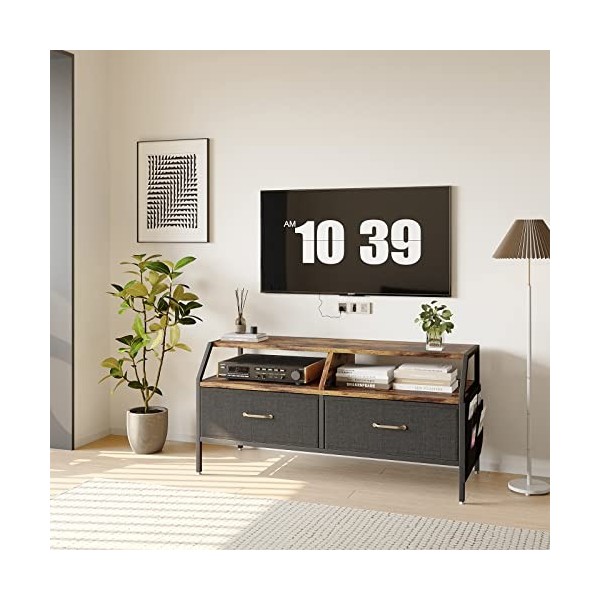 TREETALK Meuble TV, meuble TV avec 2 grandes boîtes de rangement en tissu et 5 poches latérales divisées, chambre à coucher, 
