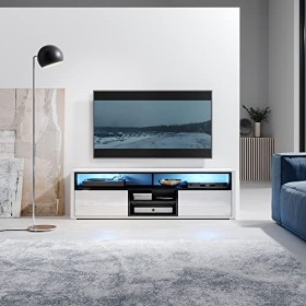 Selsey Mario - Meuble TV/Banc TV 140 cm, Blanc/Noir, avec LED 