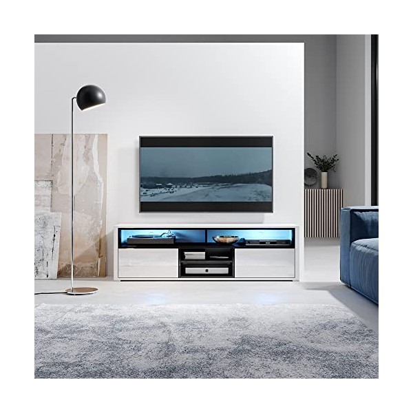 Selsey Mario - Meuble TV/Banc TV 140 cm, Blanc/Noir, avec LED 