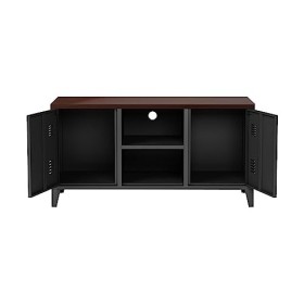 Generico Meuble TV bas en acier avec 2 portes et compartiments ouverts Noir/effet bois