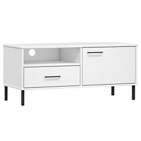 FIRBNUS Meuble TV avec Pieds en Métal Blanc Bois de Pin Massif Oslo 106x40x46,5 cm Unité TV Tendance Fonction daffichage pou
