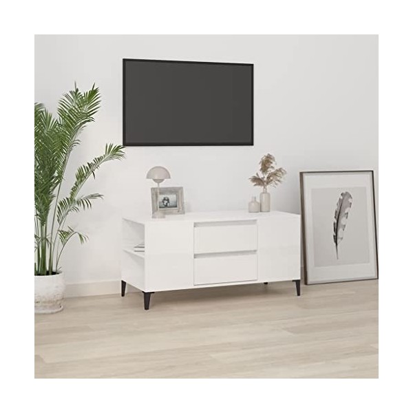 Hovothy Meuble TV Blanc Brillant 102x44,5x50 cm Bois dingénierie Armoire Télévision Décoration Salon Intérieure Dessus Robus