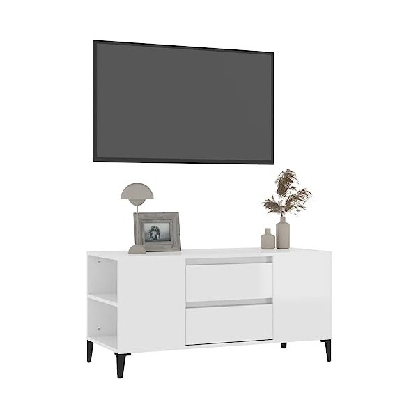 Hovothy Meuble TV Blanc Brillant 102x44,5x50 cm Bois dingénierie Armoire Télévision Décoration Salon Intérieure Dessus Robus