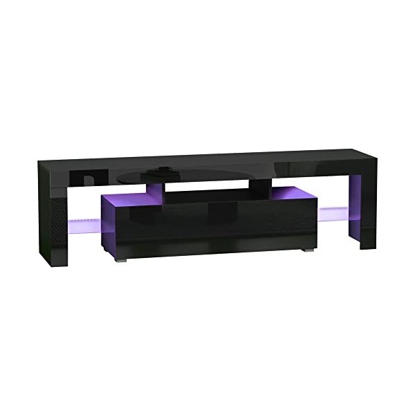 HOMCOM Meuble TV LED Style Contemporain | Niche, 2 étagères Verre - en Bois Noir laqué