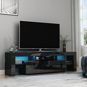 HOMCOM Meuble TV LED Style Contemporain | Niche, 2 étagères Verre - en Bois Noir laqué