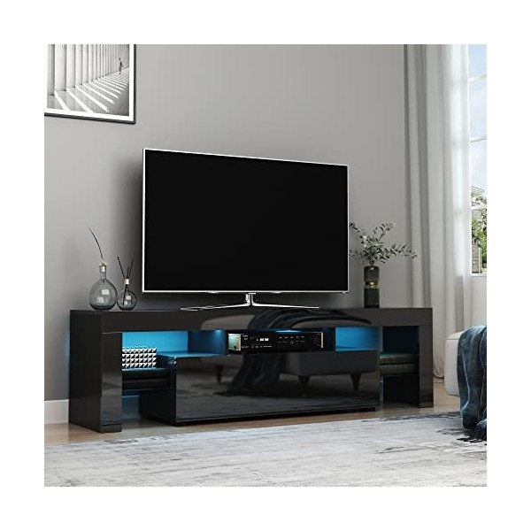 HOMCOM Meuble TV LED Style Contemporain | Niche, 2 étagères Verre - en Bois Noir laqué