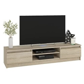 Hucoco Robin | Meuble Bas TV Contemporain Salon/séjour 160x33x40cm | 2 niches + 2 Portes | Rangement matériel Audio/Video/Gam