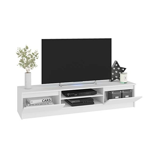 Hucoco Robin | Meuble Bas TV Contemporain Salon/séjour 160x33x40cm | 2 niches + 2 Portes | Rangement matériel Audio/Video/Gam