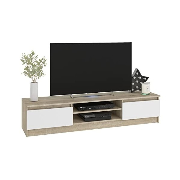 Hucoco Robin | Meuble Bas TV Contemporain Salon/séjour 160x33x40cm | 2 niches + 2 Portes | Rangement matériel Audio/Video/Gam