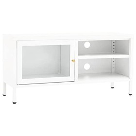 Tidyard Meuble TV Blanc 90x30x44 cm Acier et Verre,Meuble TV,Meuble de Salon,pour Salon,Bureau,Divertissement
