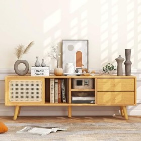 GYMAX Meuble TV Robuste en Bambou, Support pour Télé jusquà 65”, Banc TV avec Grand Espace de Rangement, Nettoyage Facile, S