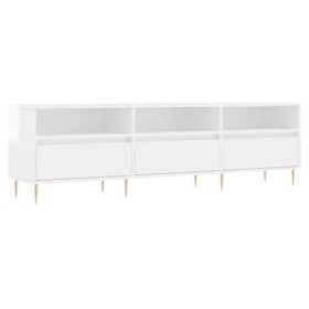Hovothy Meuble TV Blanc Brillant 150x30x44,5 cm Bois dingénierie et Fer Armoire Stéréo Espace de Vie Intérieur Décoration Cl