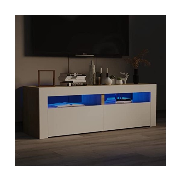 homiuse Meuble TV avec Lumières LED Blanc et Chêne Sonoma 120x35x40 cm Aggloméré Support de TV Espace de Stockage Suffisant M