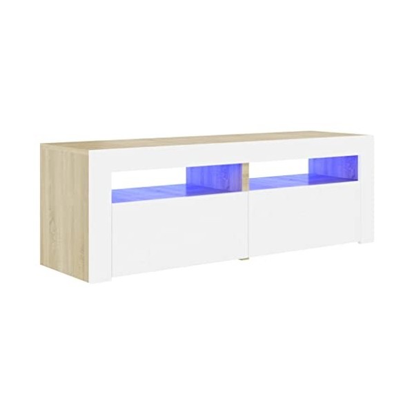 homiuse Meuble TV avec Lumières LED Blanc et Chêne Sonoma 120x35x40 cm Aggloméré Support de TV Espace de Stockage Suffisant M