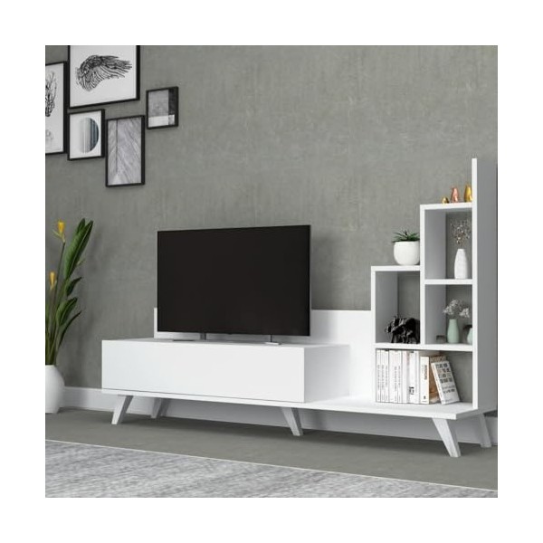 Toscohome Meuble TV 160 cm en bois avec bibliothèque couleur blanche - Bingo