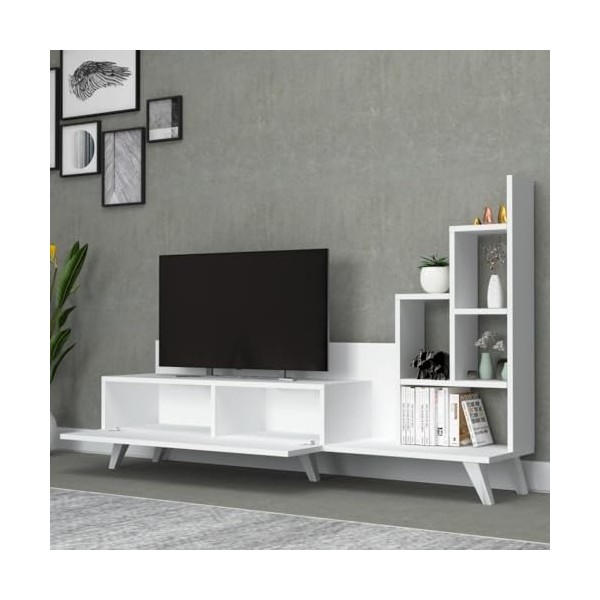 Toscohome Meuble TV 160 cm en bois avec bibliothèque couleur blanche - Bingo