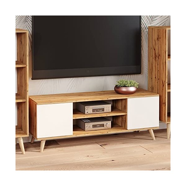 Dmora Meuble TV avec 2 portes et 1 étagère centrale, Buffet avec pieds, Buffet de salon style scandinave, 155x40h50 cm, color