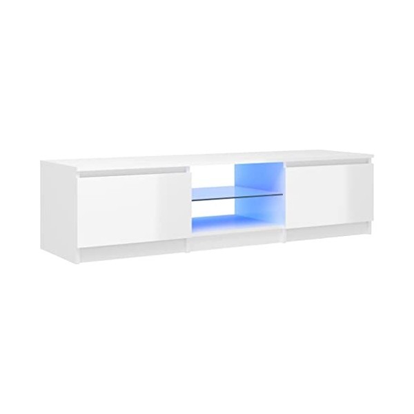 Hovothy Meuble TV avec Lumières LED RVB Blanc Brillant 140x40x35,5 cm Bois dingénierie Résistance à lhumidité Armoire Stéré