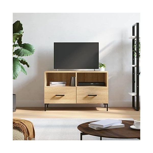 Hovothy Meuble TV Chêne Sonoma 80x36x50 cm Bois dingénierie Meuble de Salon Pieds en Fer Style Calme Décoration Intérieur Un