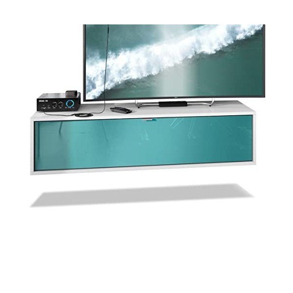 Vladon Meuble TV Lana 120 Armoire Murale lowboard 120 x 29 x 37 cm, Caisson en Blanc Mat, façades en Turquoise Haute Brillanc