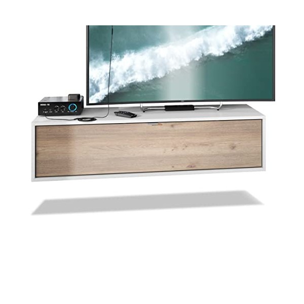 Vladon Meuble TV Lana 120 Armoire Murale lowboard 120 x 29 x 37 cm, Caisson en Blanc Mat, façades en Turquoise Haute Brillanc