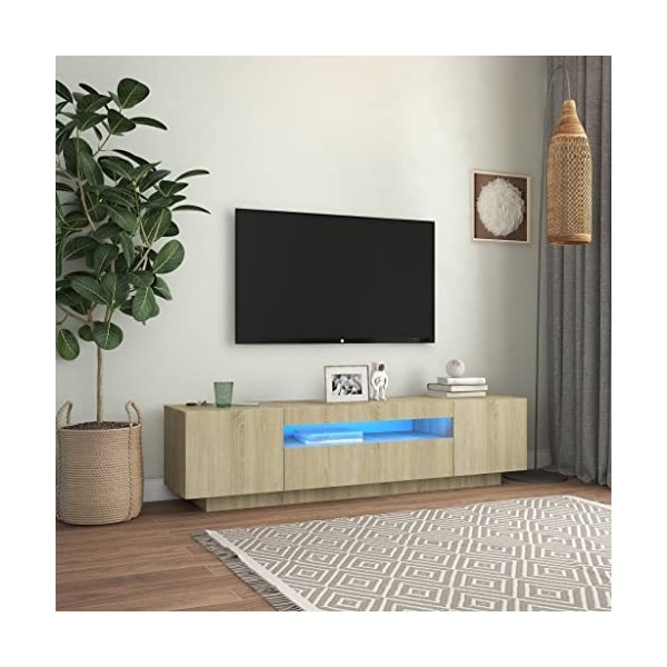 FIRBNUS Meuble TV avec Lumières LED Chêne Sonoma 160x35x40 cm Aggloméré Armoire Média Salon Amplement d’Espace pour Garder et